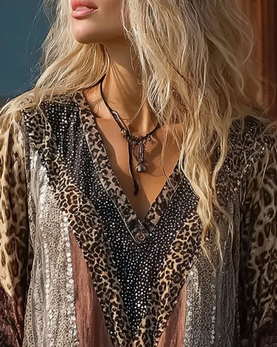 Leopard Patchwork V-Neck Print Blouse