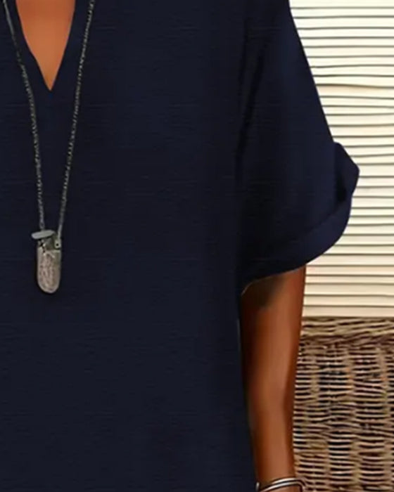 V-Neck Short Sleeve Solid Sheath Dress