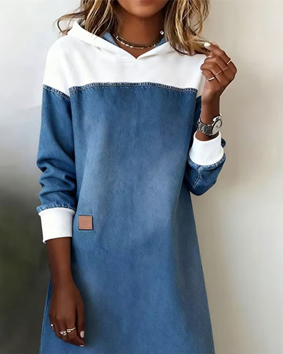 Hooded Denim Patchwork Drop Shoulder Dress