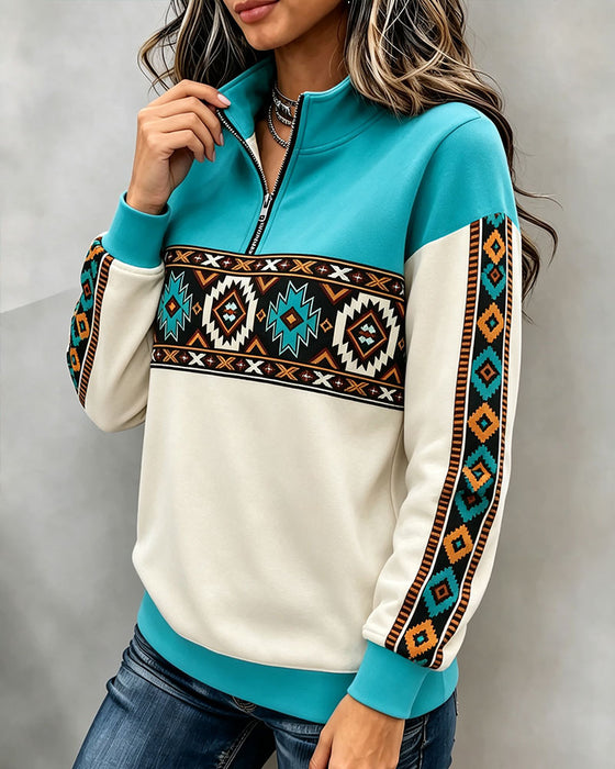 Ethnic Geometric Print Half-Zip Mandarin Collar Hoodie