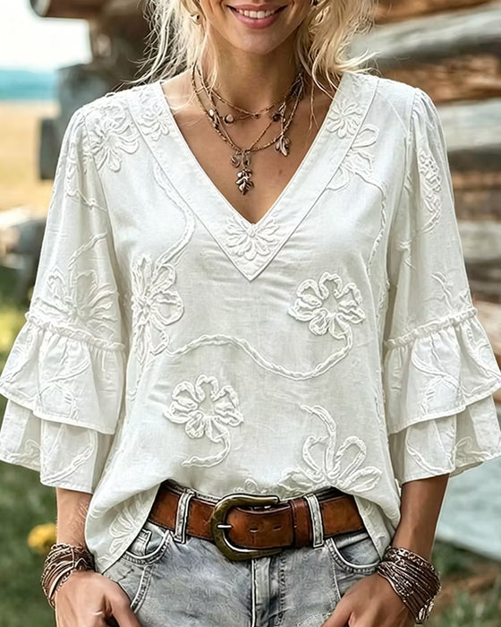 Three-Dimensional Embossed Floral V-Neck Flared Sleeve Blouse