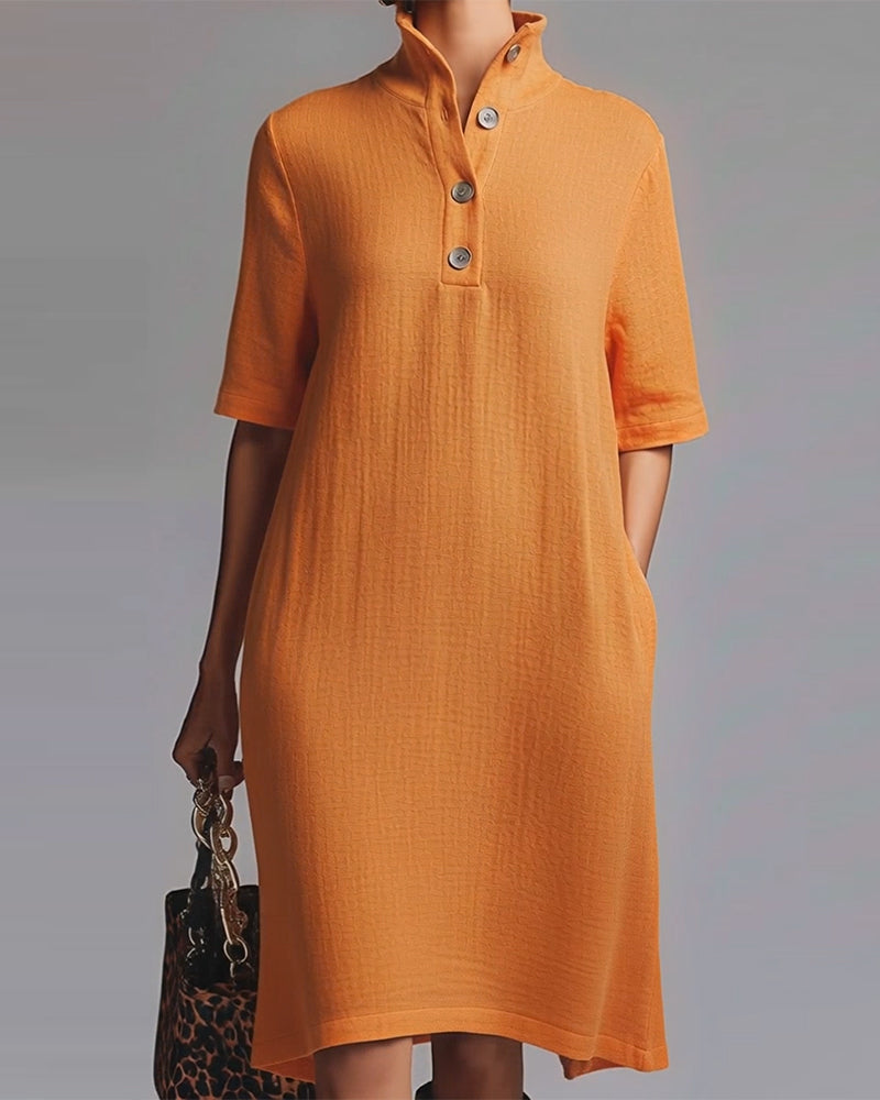 Solid Color Stand-Collar Short-Sleeved Dress