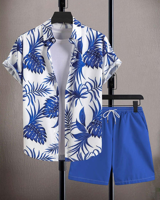 Lapel Palm Leaf Print Short-Sleeve Sets