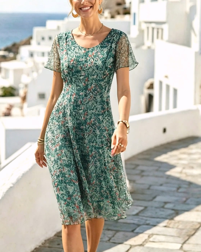 Floral Short Sleeve A-Line Dress