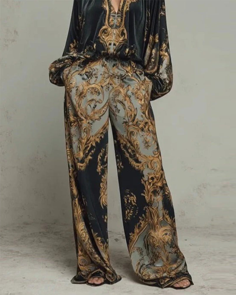 V-Neck Lantern Sleeve Wide Leg Pant Set