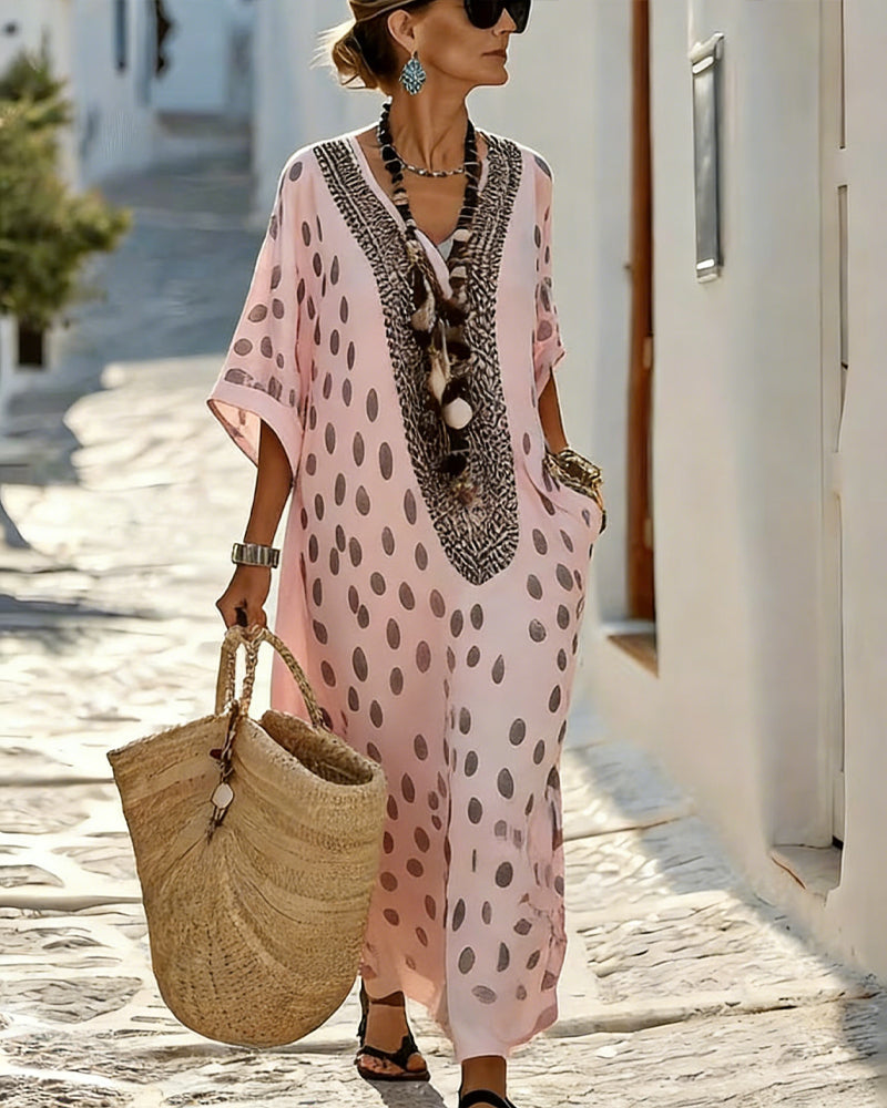 V-Neck Polka-Dot Resort Print Dress