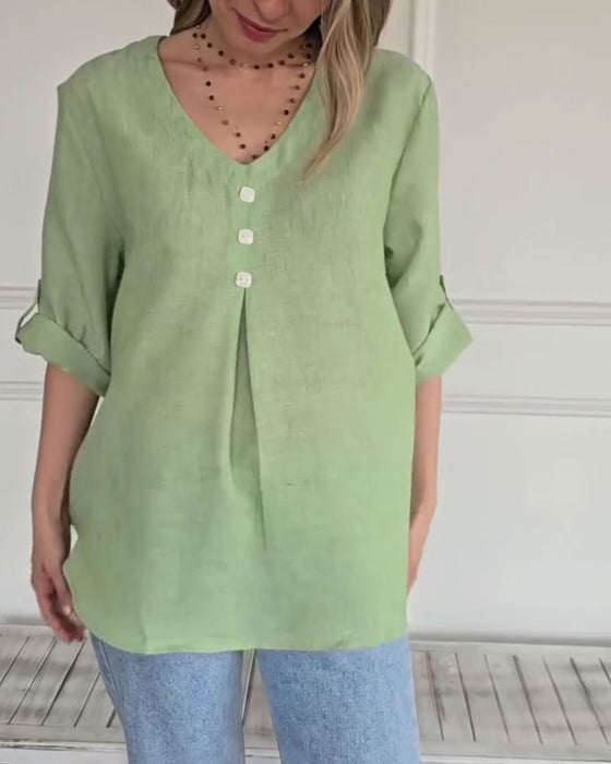 Solid Color V-Neck Loose Casual Top