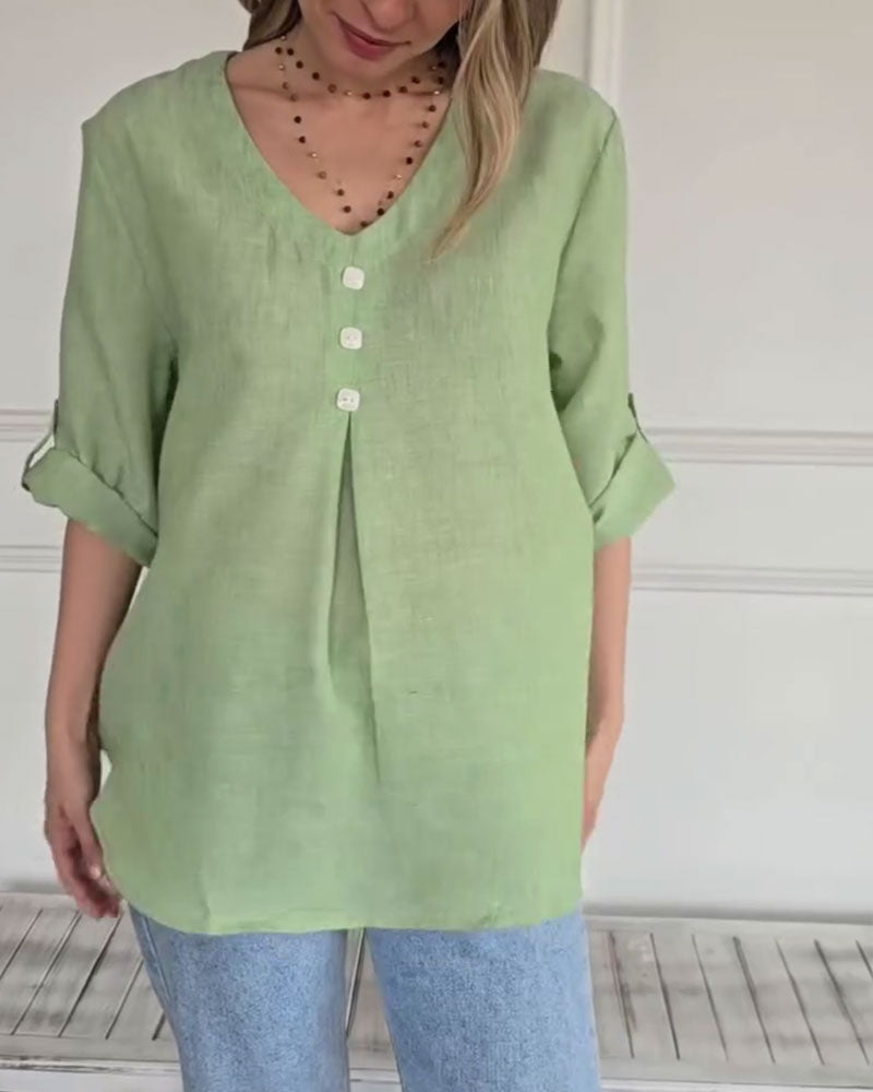 Solid Color V-Neck Loose Casual Top