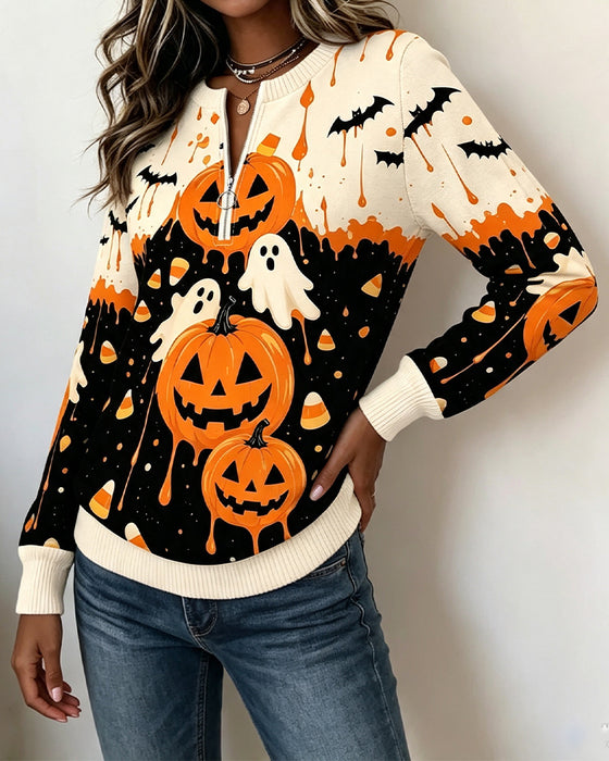 Zip Long Sleeve Pumpkin Print Sweatshirts