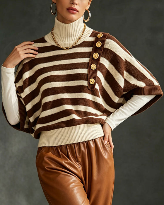 Turtleneck Button Striped Half Sleeve Sweater Pullover