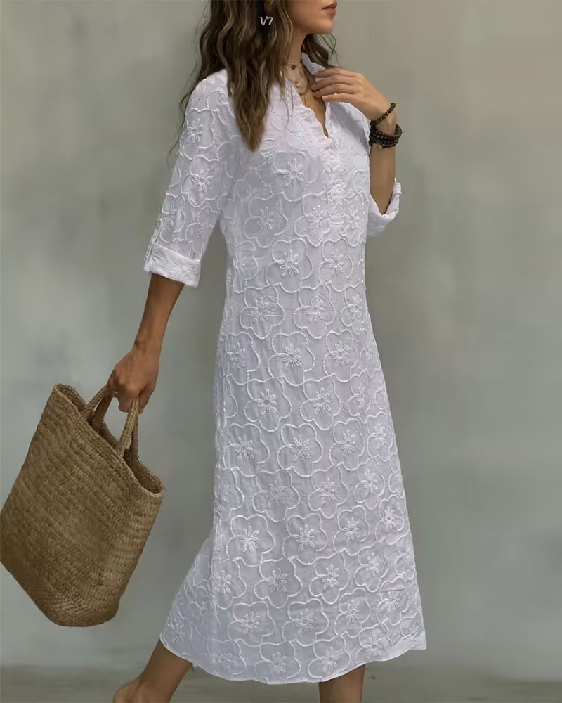 V-Neck Lace Trim Solid Dress