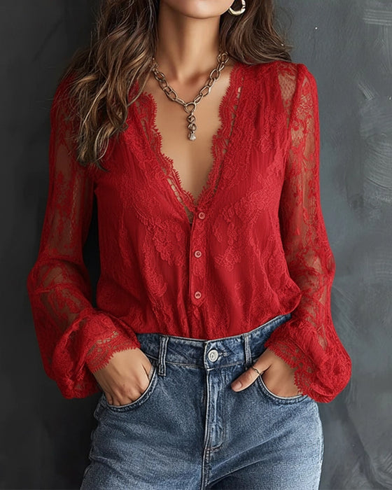 Lace V-Neck Long-Sleeved Blouse