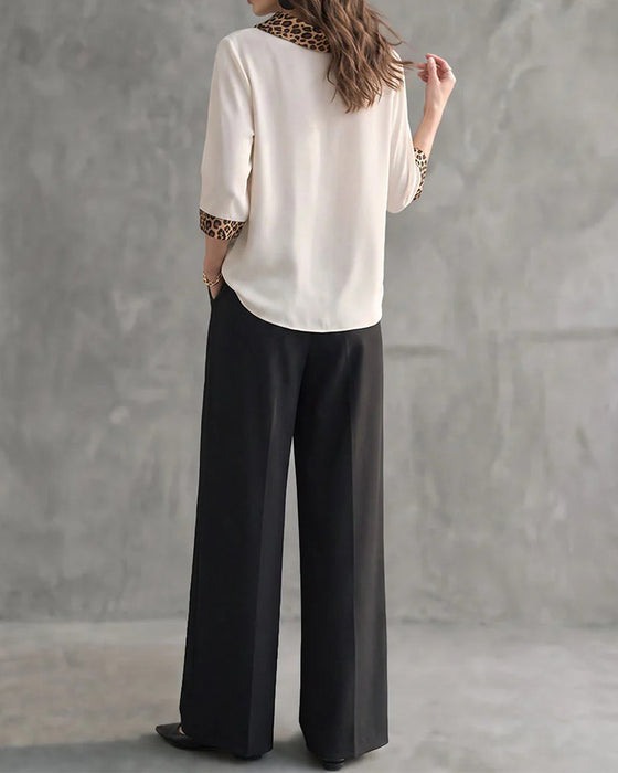 Leopard Panel Cowl Neck Elbow-Length Sleeve Blouse
