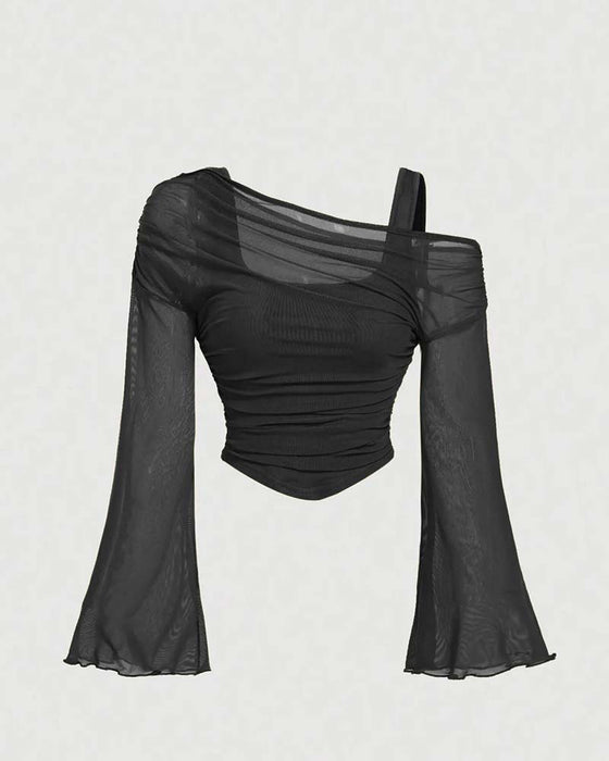 Mesh Ruffled Long Sleeve Cami Blouse