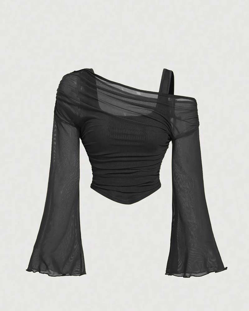 Mesh Ruffled Long Sleeve Cami Blouse