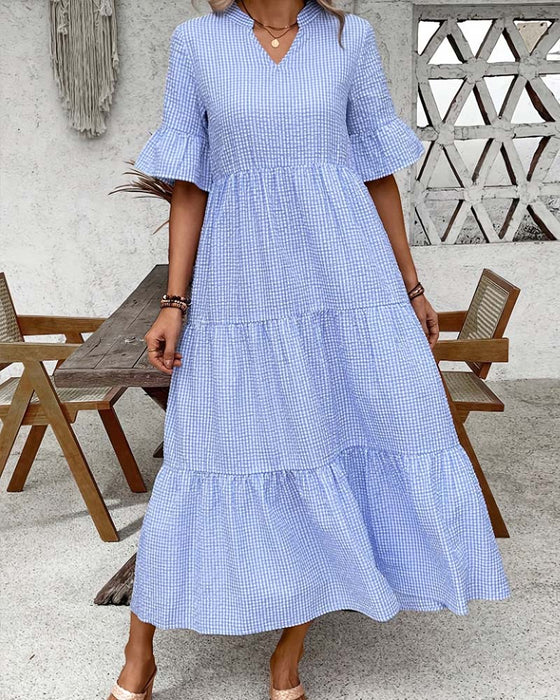 Blue White Gingham V-Neck Dress