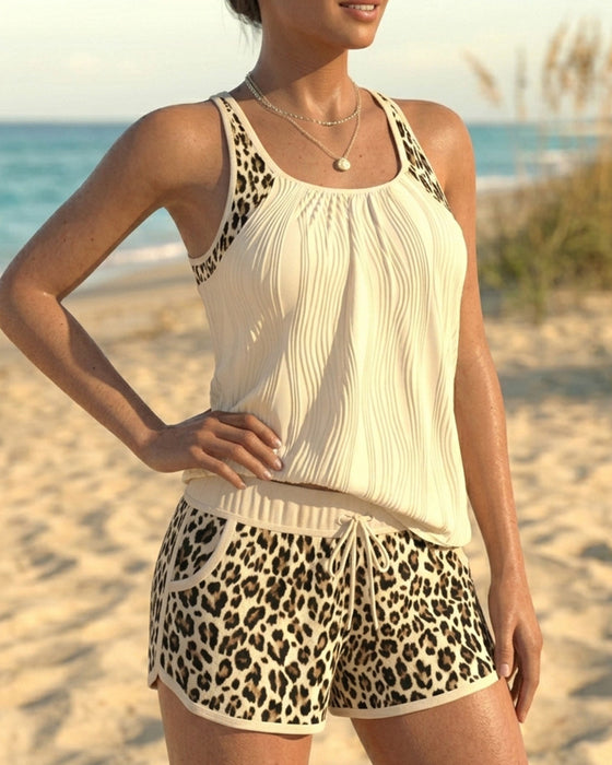 Leopard Texture Lace Up Tankini