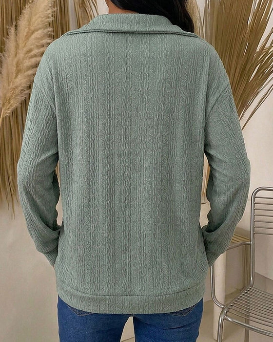 Turn-Down Collar Diagonal Zip Long Sleeve Top