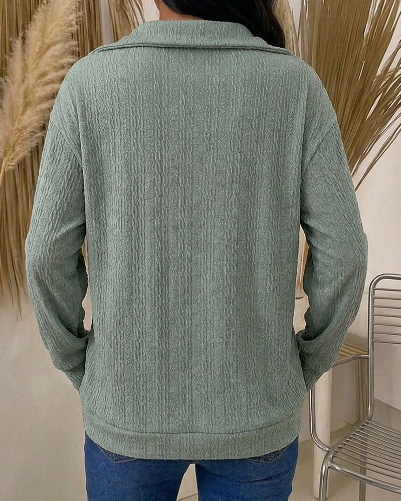 Turn-Down Collar Diagonal Zip Long Sleeve Top