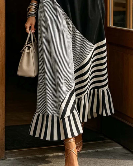 V-Neck Stripe Patchwork Ruffle Dress
