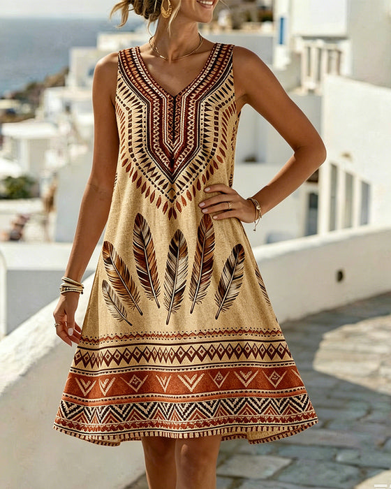 V-Neck Sleeveless Ethnic Print Dress