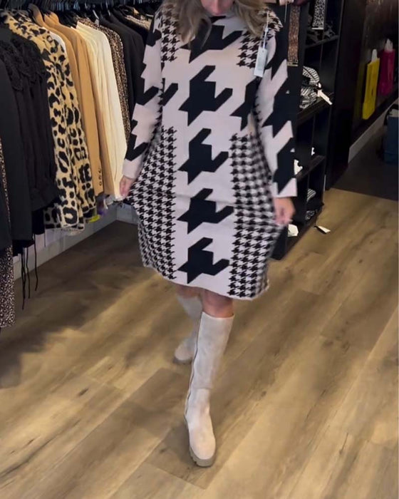 Houndstooth long sleeve dress