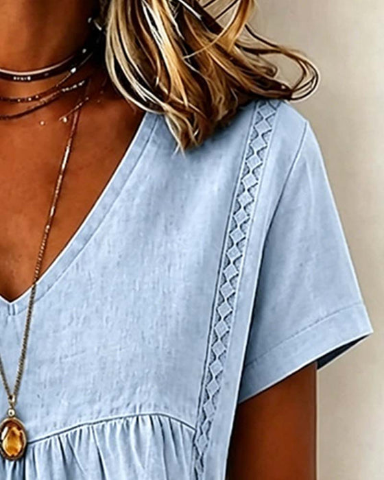 V-Neck Shirred Short Sleeve Blouse
