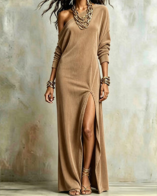 Solid Color One Shoulder Slit Dress
