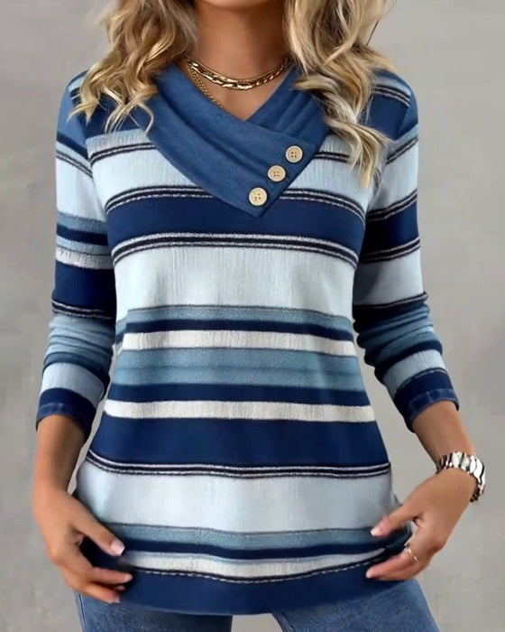 Button-Up Striped Long-Sleeved T-Shirt
