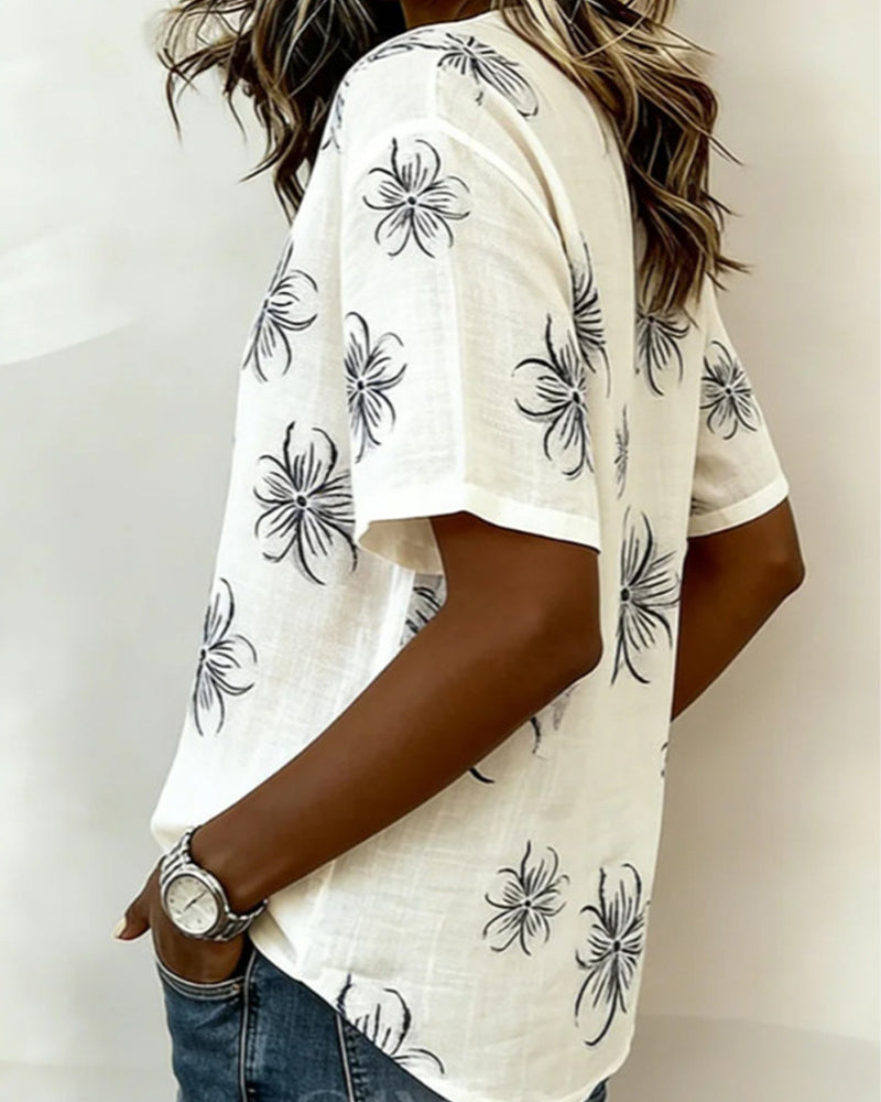 Crew Neck Button Down Floral Casual Blouse