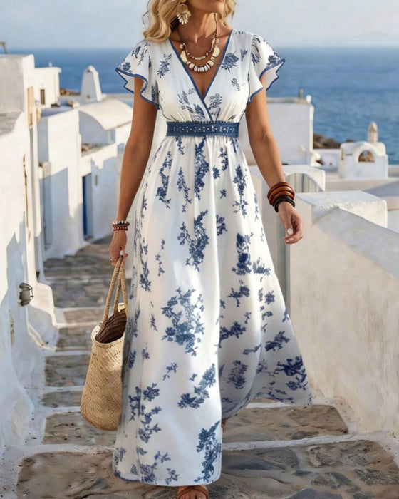 V-Neck Cinched-Waist Floral Maxi Dress