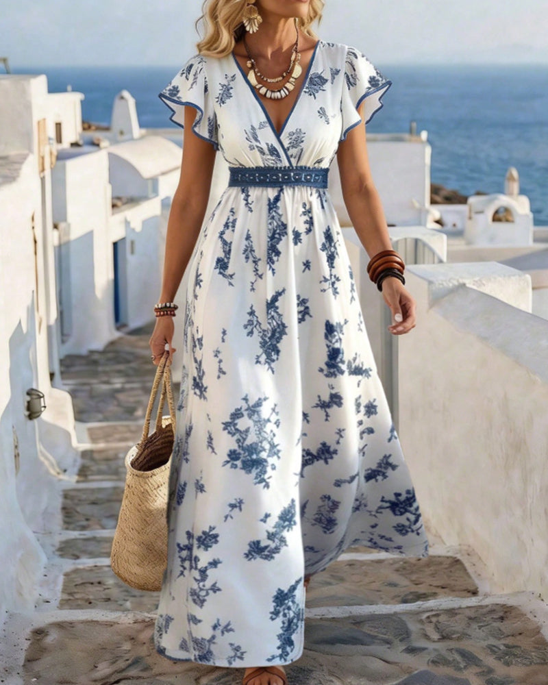 V-Neck Cinched-Waist Floral Maxi Dress