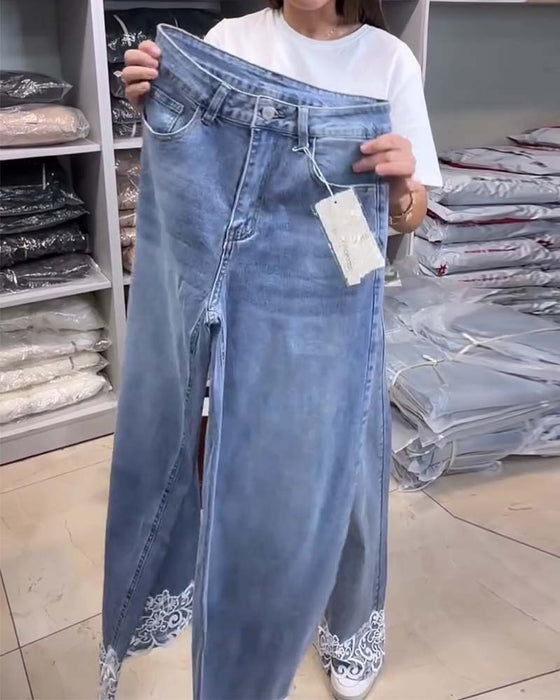 Casual Solid-Color Wide-Leg Denim Pants
