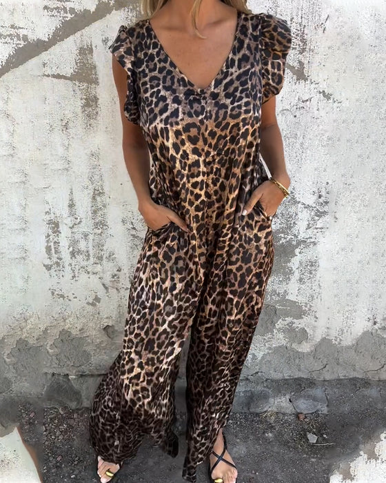 V-Neck Leopard Print Jumpsuit