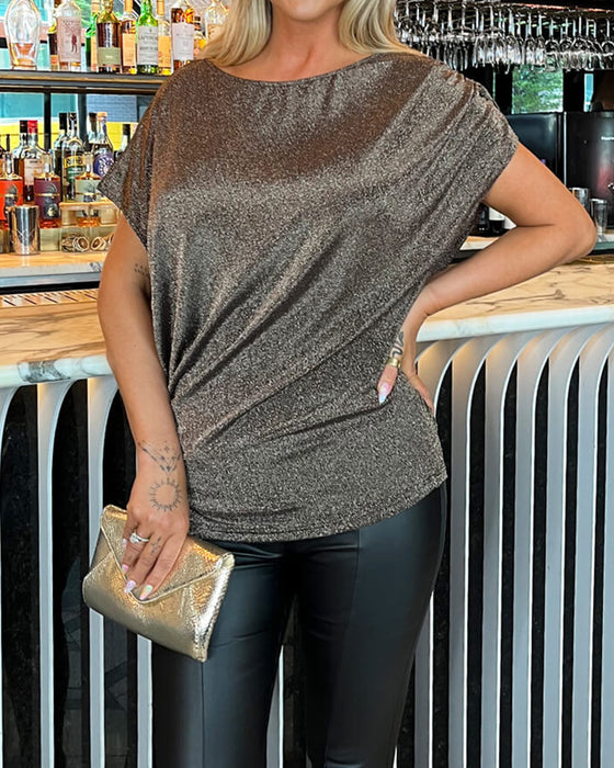 Crew Neck Ruffled Loose Sparkly Blouse