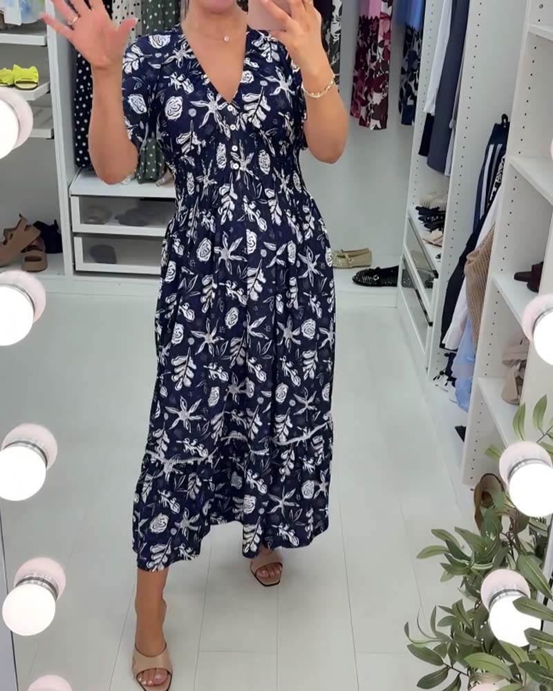 V-Neck Loose Printed Long Dress