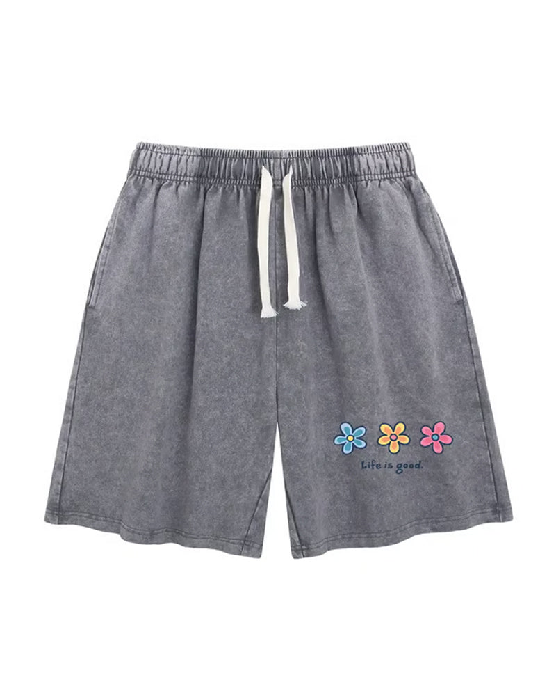 Flower Print Elastic Drawstring Shorts