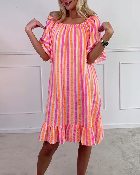 Round Neck Striped Pleated Shift Dress