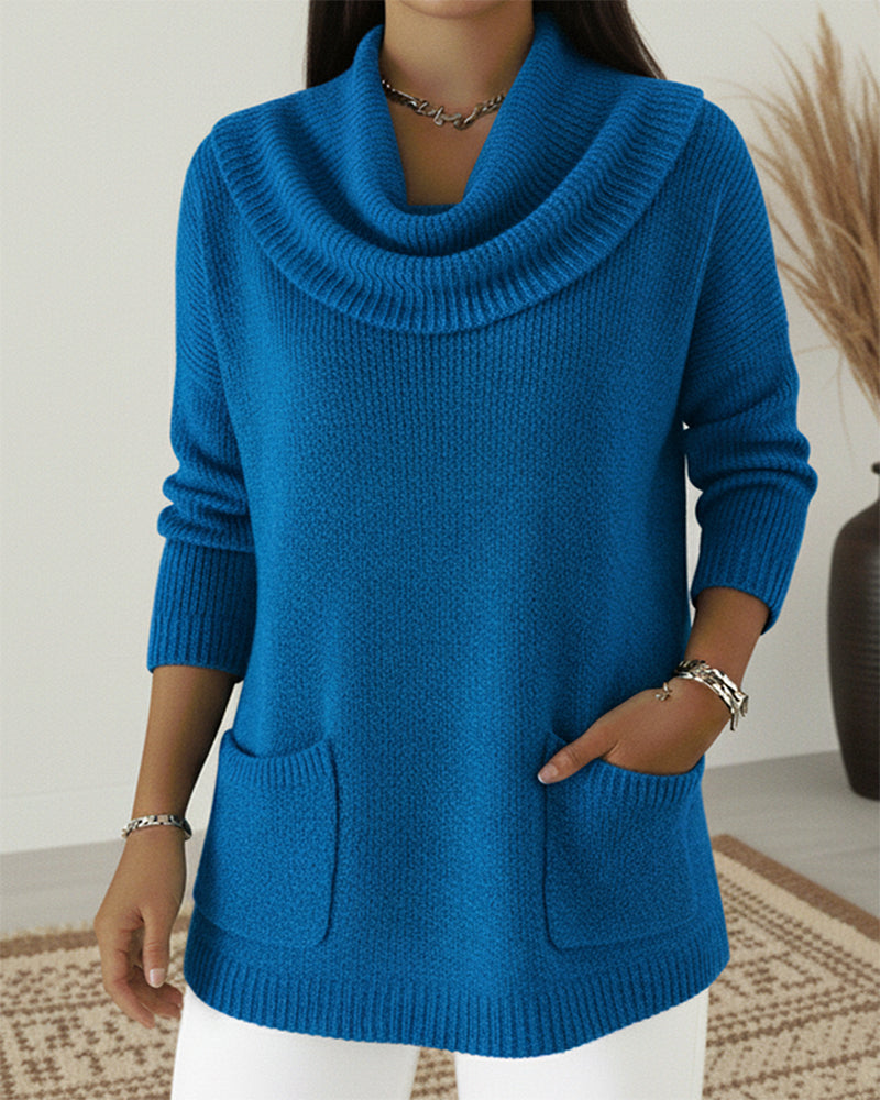 Cozy Loose Cowl Neck Knit Pocket Sweater Top