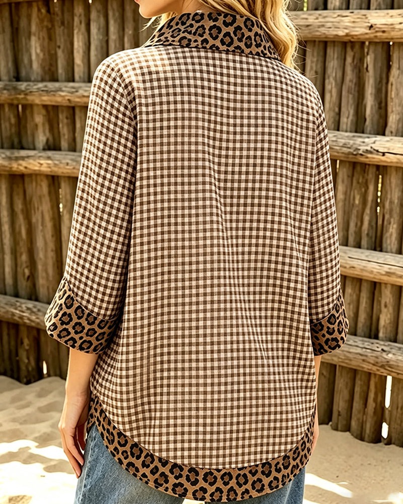 Lapel Leopard Patchwork Plaid Blouse