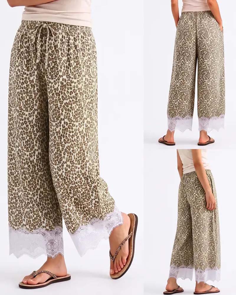 Elastic Waist Leopard Print Lace Spliced Wide-Leg Pants