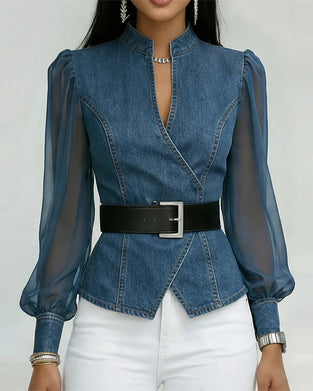 Elegant Mesh Denim Blouse