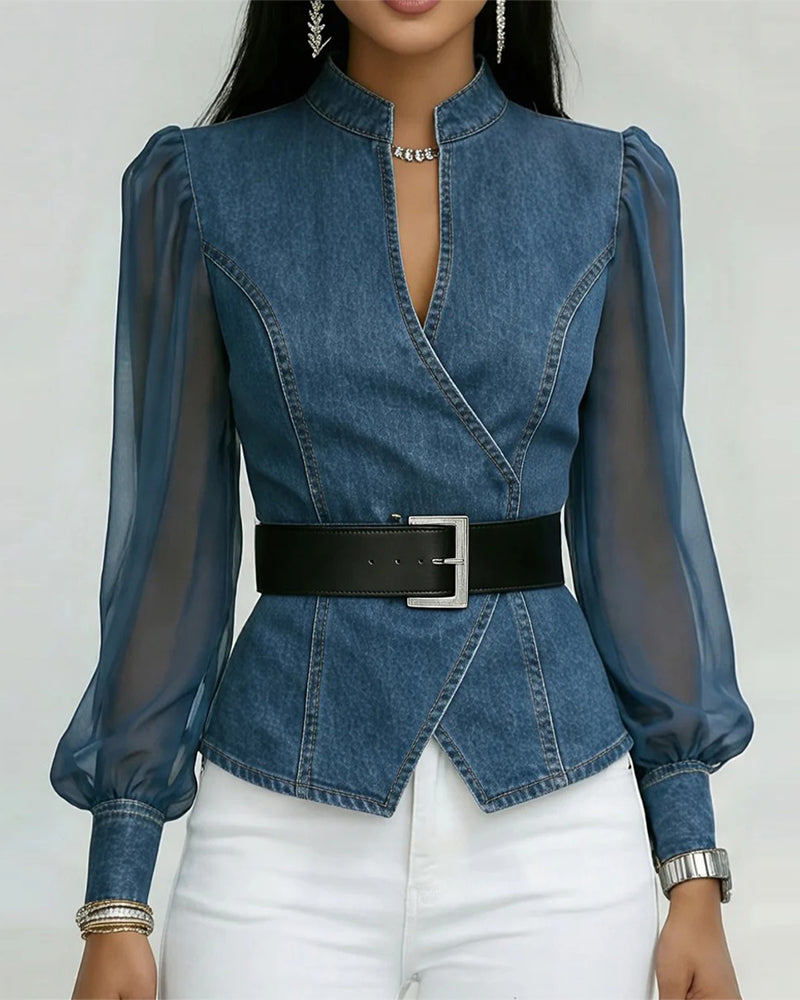 Elegant Mesh Denim Blouse