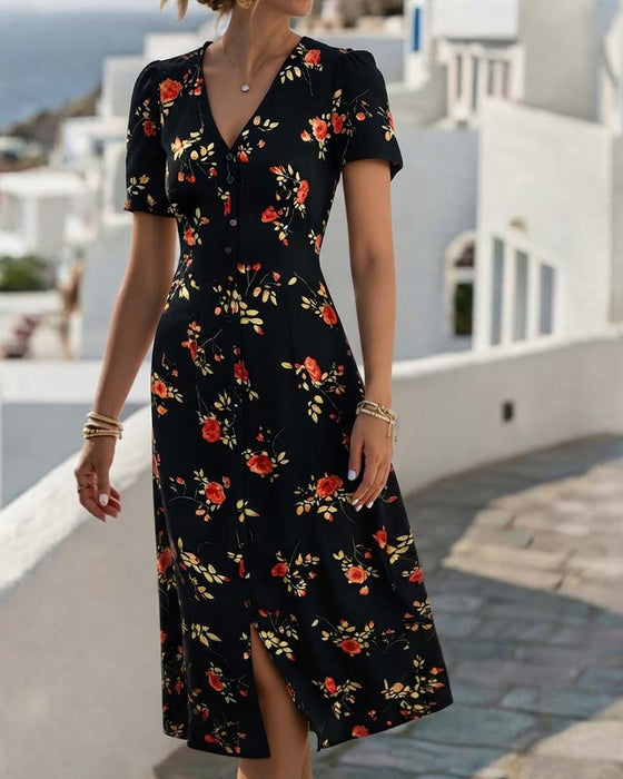 Floral V-Neck A-Line Dress With A Slit