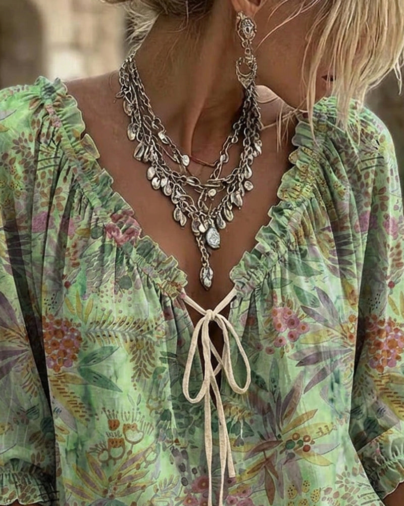 V-Neck Lace Up Blouse
