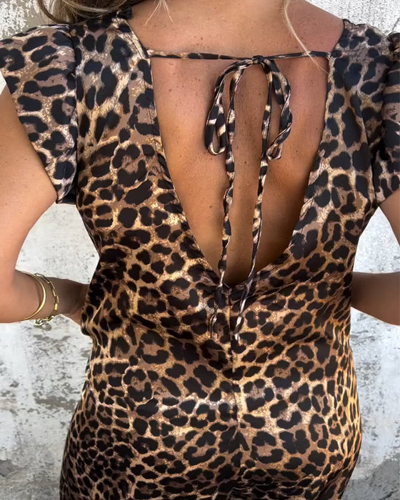V-Neck Leopard Print Jumpsuit