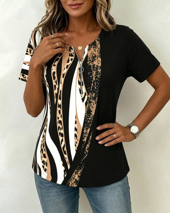 Zipper Leopard Print Color-Block Casual T-Shirt