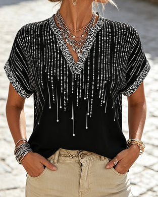 Off-Shoulder V-Neck Print Blouse