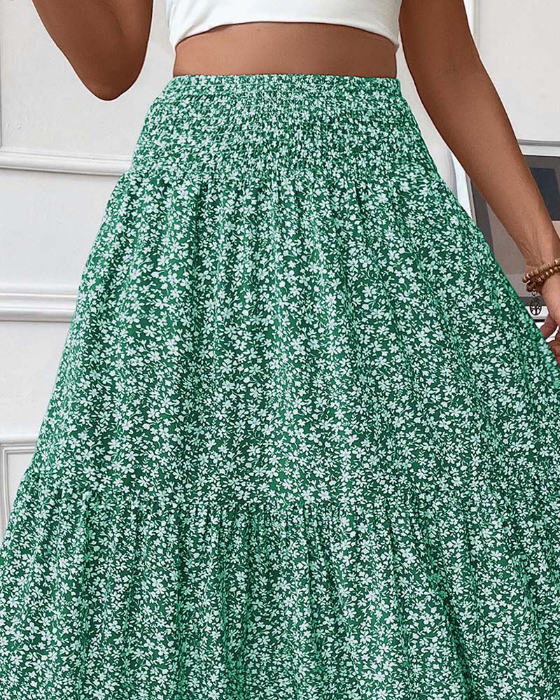 Layered Tiny Flower Print A-Line Long Skirt