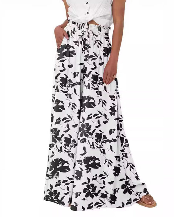 Floral Solid Color High-Waist Wide-Leg Pants